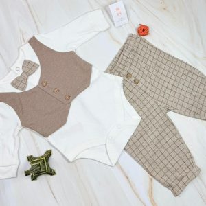 Baby Primark Gentleman 3-Piece Set | Vest Bodysuit + Bow Tie + Check Pants | Ages 3-9 Months