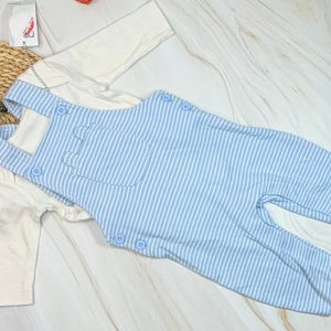 Baby Boy 2-Piece Dungaree Set | Blue Stripes + White Long Sleeve | Ages 0-3 Months