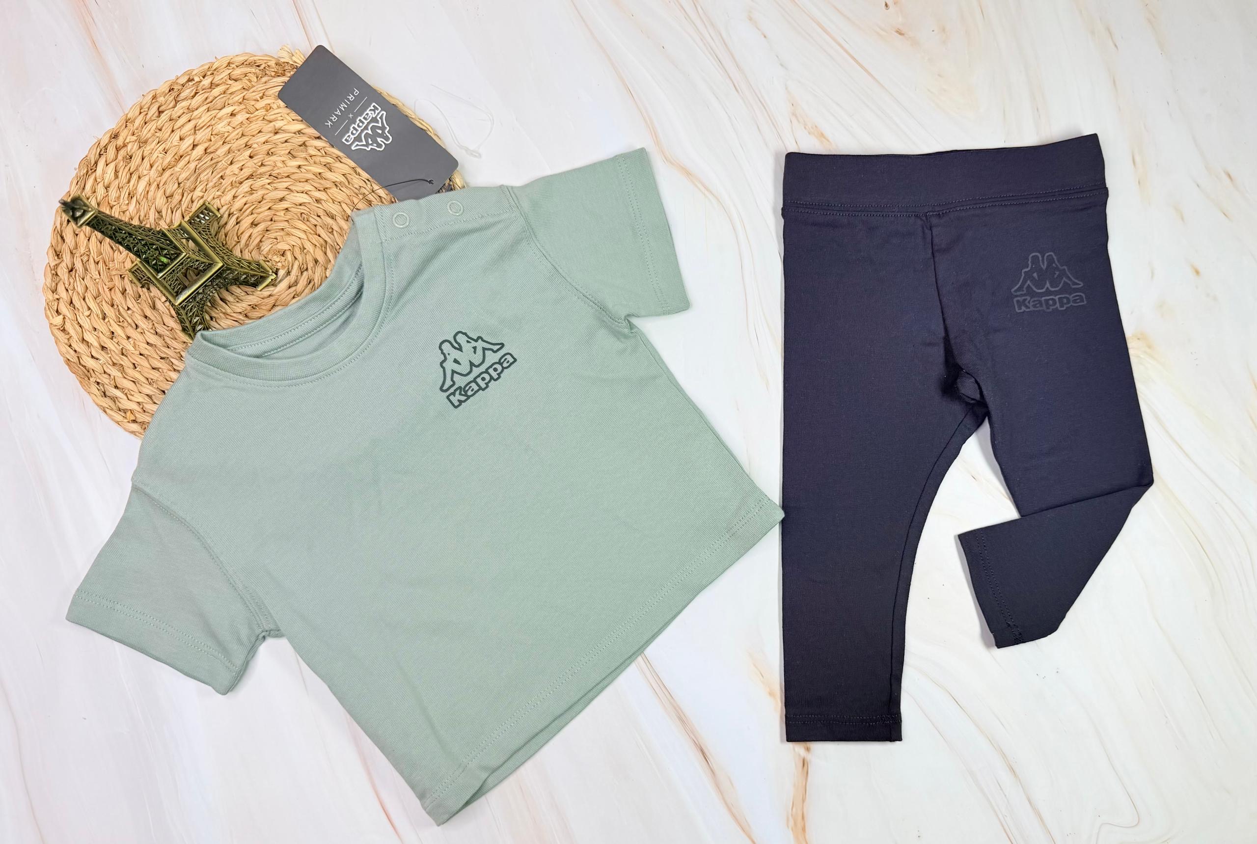 Baby Primark Kappa 2-Piece Set | Sage Green Tee + Navy Leggings | Ages 3-6 Months