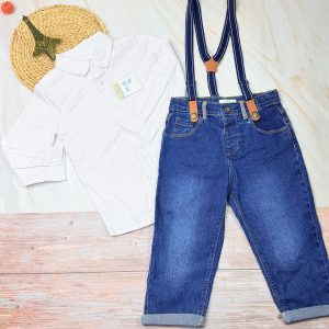 Baby Boy 3-Piece Formal Set | White Shirt + Denim Jeans + Suspenders | Ages 24-36 Months | Primark