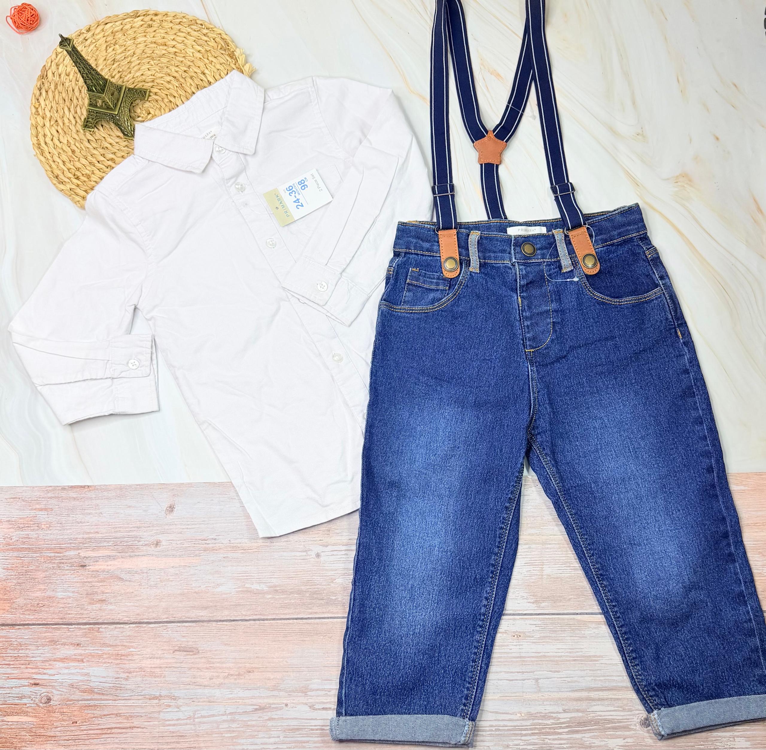 Baby Boy 3-Piece Formal Set | White Shirt + Denim Jeans + Suspenders | Ages 24-36 Months | Primark