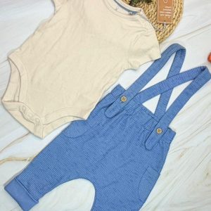 Baby Mothercare 2-Piece Set | Beige Bodysuit + Blue Stripe Dungaree | Ages 3-6 Months
